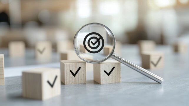 Close-up of magnifying glass focusing on checkmark symbol blocks, concept of quality and approval.