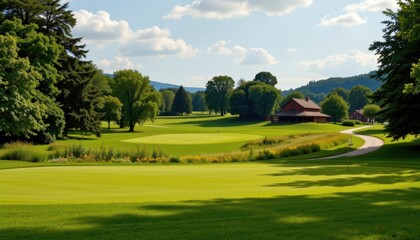 An idyllic countryside golf scene with lush greenery and a distant barn in the background.