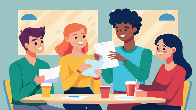 A group of friends gather in the cafeteria comparing college acceptance letters and discussing their top picks.. Vector illustration