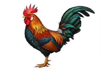 Fototapeta premium Illustration of a colorful rooster with red comb and green tail feathers standing on a white background