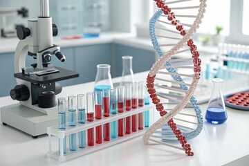 DNA helix genetic disease study. Test tubes surround DNA structure. Research, treatment of genetic diseases in lab. DNA mutations. Scientific equipment in lab. Modern bio research. Pro health care. 