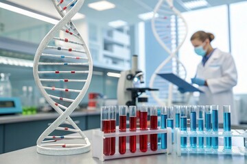 DNA helix genetic disease study. Test tubes surround DNA structure. Research, treatment of genetic diseases in lab. DNA mutations. Scientific equipment in lab. Modern bio research. Pro health care. 