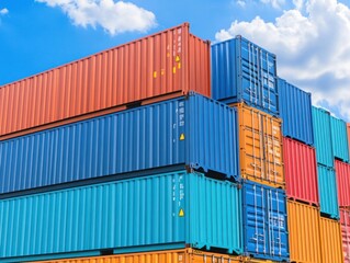 Colorful Container Stacked Display Against Bright Blue Sky with Clouds Showing Modern Logistics and Shipping in Global Trade Industry