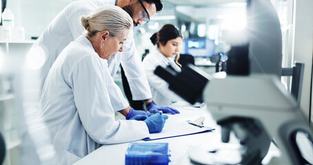 People, scientist and writing notes in lab for checklist, results report and medical discovery of...
