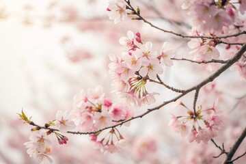 pink cherry blossoms in full bloom on tree branches during spring season with soft pastel background bokeh