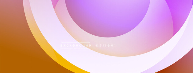 Abstract design features overlapping circles, gradients. Colors include purple, orange, yellow. Smooth shapes create modern aesthetic.