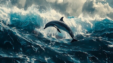 Naklejka premium Dolphin Leaping Through Ocean Waves: A Majestic Moment of Marine Life