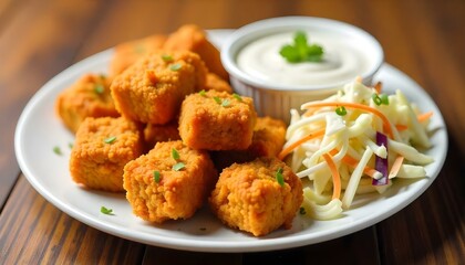 Fototapeta premium A studio shot of a plate of fried chicken bites, coleslaw, and a bowl of sauce. The chicken bites are golden brown and crispy