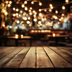 Rustic Wooden Table at Night Warm Bokeh Lights Background