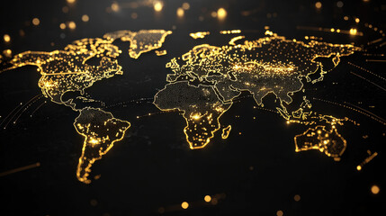 Golden glowing world map on dark background, symbolizing global connectivity