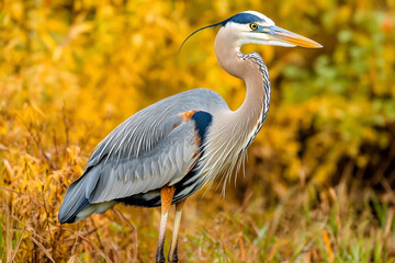 "Great Blue Heron in Autumn Reeds: Majestic Stance and Feather Details"