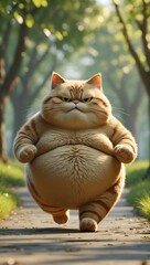 A very fat cat jogging in place, looking extremely serious and determined while exercising