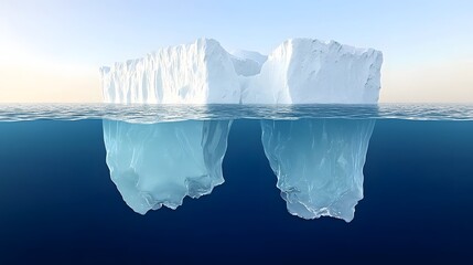 Obraz premium A towering iceberg breaks off into the vast tranquil ocean its split view revealing both the visible icy surface and the hidden depths below the water s surface