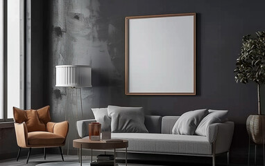 Minimalist Poster Frame Mockup in Contemporary Dark Home Interior