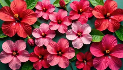 Bold hibiscus blooms arranged in a square grid , pink, geometric background, illustration