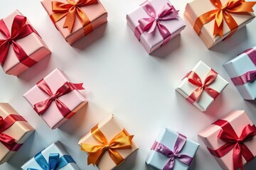 Elegant ribbon-tied gift boxes, repeating pattern, gold, dark