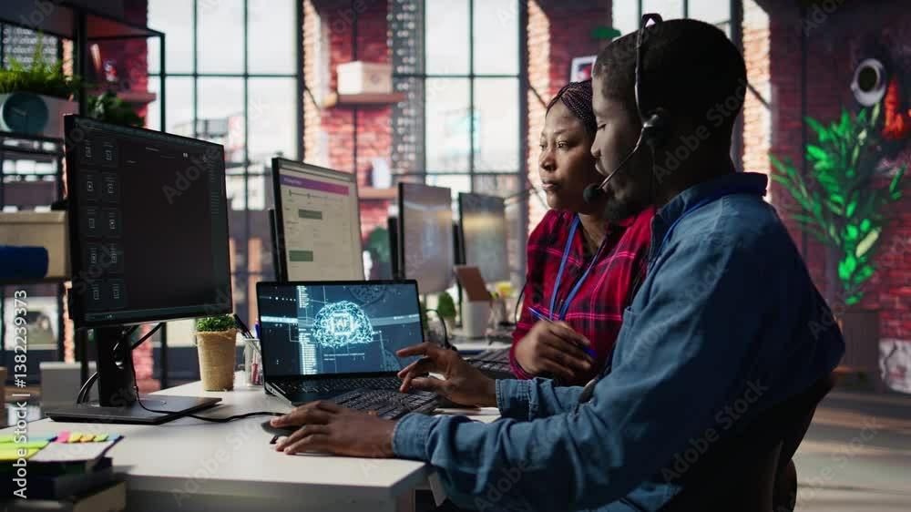 Poster call center manager teaching intern how to use ai to enhance customer interactions. team leader in c