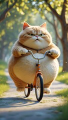A very fat cat riding a small bicycle, looking extremely serious and determined while exercising