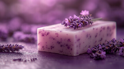 Handmade soap bar with fresh lavender flowers on a purple background, symbolizing natural skincare, relaxation, and wellness. Ideal for aromatherapy and herbal beauty treatments