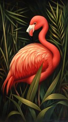 Obraz premium Majestic Flamingo Amidst Lush Tropical Foliage