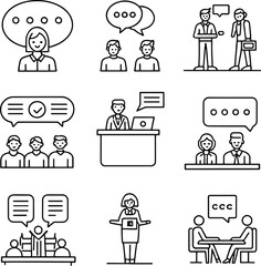 Thin Line Speaking Icons Set – Chat, Dialog, Meeting, Talk, Communication Symbols