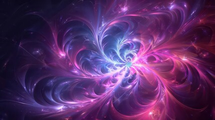 A vibrant, swirling abstract design featuring purple and blue hues, evoking a cosmic feel.