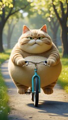 A very fat cat riding a small bicycle, looking extremely serious and determined while exercising