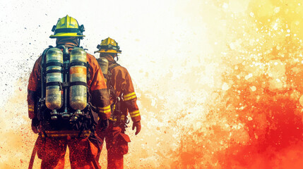 Two firefighters in protective gear stand amidst fiery, abstract background copy space for text blank background