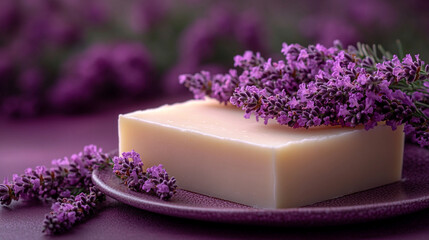 Handmade soap bar with fresh lavender flowers on a purple background, symbolizing natural skincare, relaxation, and wellness. Ideal for aromatherapy and herbal beauty treatments
