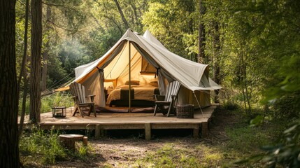 A peaceful tent in the woods, surrounded by nature
