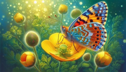 Fototapeta premium A brightly spotted butterfly a cheerful beacon of color rests on