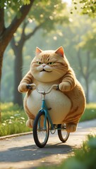 A very fat cat riding a small bicycle, looking extremely serious and determined while exercising