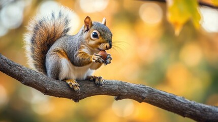 A curious squirrel on a branch, nibbling on a nut