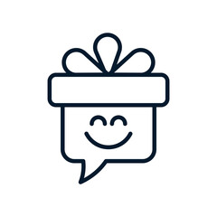 Gift, smile, text bubble. Concept of present, bonus program. Vector linear icon isolated on white background.