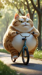 A very fat cat riding a small bicycle, looking extremely serious and determined while exercising