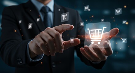 Man Interacting with Shopping Cart Icons Digital Commerce Concept