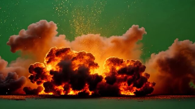 Nuclear atomic bomb explosion with smoke, fire and mushroom cloud, isolated on green screen chroma key background