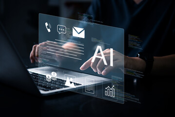 Business hand using artificial intelligence system, displaying email, finance, chart and communication icons on hologram interface.Chatbot conversation Ai technology online customer service.