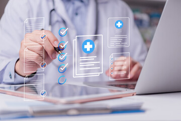 Online medical checklist and documentation system in use by doctor, concept of smart healthcare. physician assessment expert checks patient care quality, hospital assessment of treatment