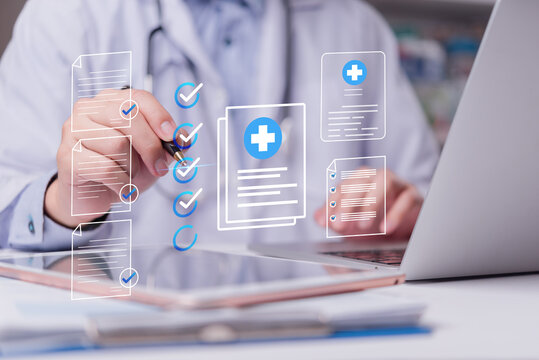 Online medical checklist and documentation system in use by doctor, concept of smart healthcare. physician assessment expert checks patient care quality, hospital assessment of treatment - Powered by Adobe