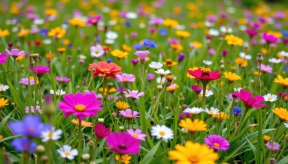 Obraz premium A vibrant wildflower meadow with a variety of colorful blooms and lush green grasses.
