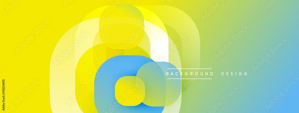 Poster Bright colorful abstract design. Overlapping circles create dynamic gradient effect. Smooth transitions between yellow, blue, green hues. Modern visual element.