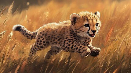 Golden Hour Cheetah Cub: A Digital Painting of a Cheetah Cub Running Through Tall Grass