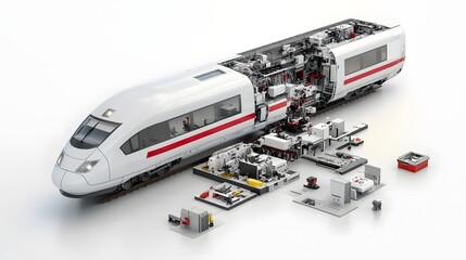 An exploded view of the internal structure and components of a high speed train highlighting the intricate engineering and technology that power its