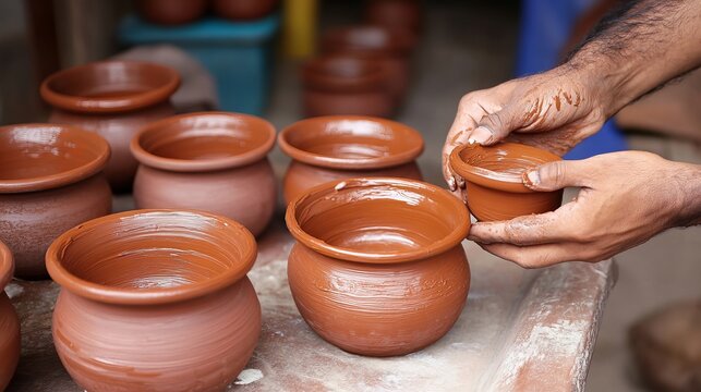 Crafting traditional clay pots with red colored soil through stages of preparation