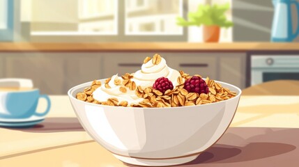 Delicious oatmeal with cream and raspberries for breakfast.