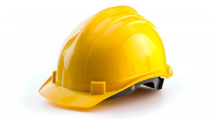 Yellow hard hat, angled view, isolated on a white background, showcasing safety equipment for construction and industrial work.