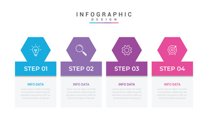 infographic 4 point stage template with table box with hexagonal header badge for slide presentation vector