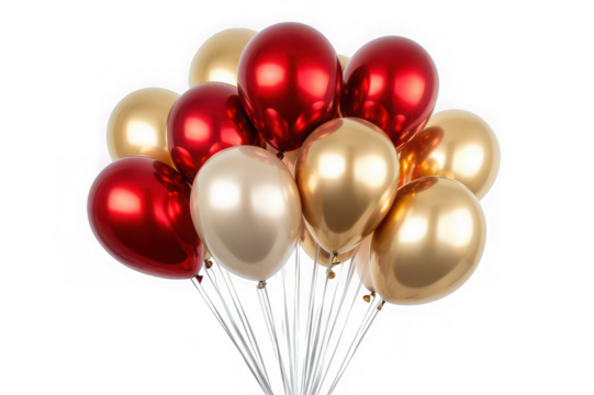 A celebratory burst of rich red and gold metallic balloons, shimmering with festive joy against a bright white background.