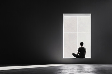 Adolescent boy alone in grayscale room, glowing window hints at emotional resilience